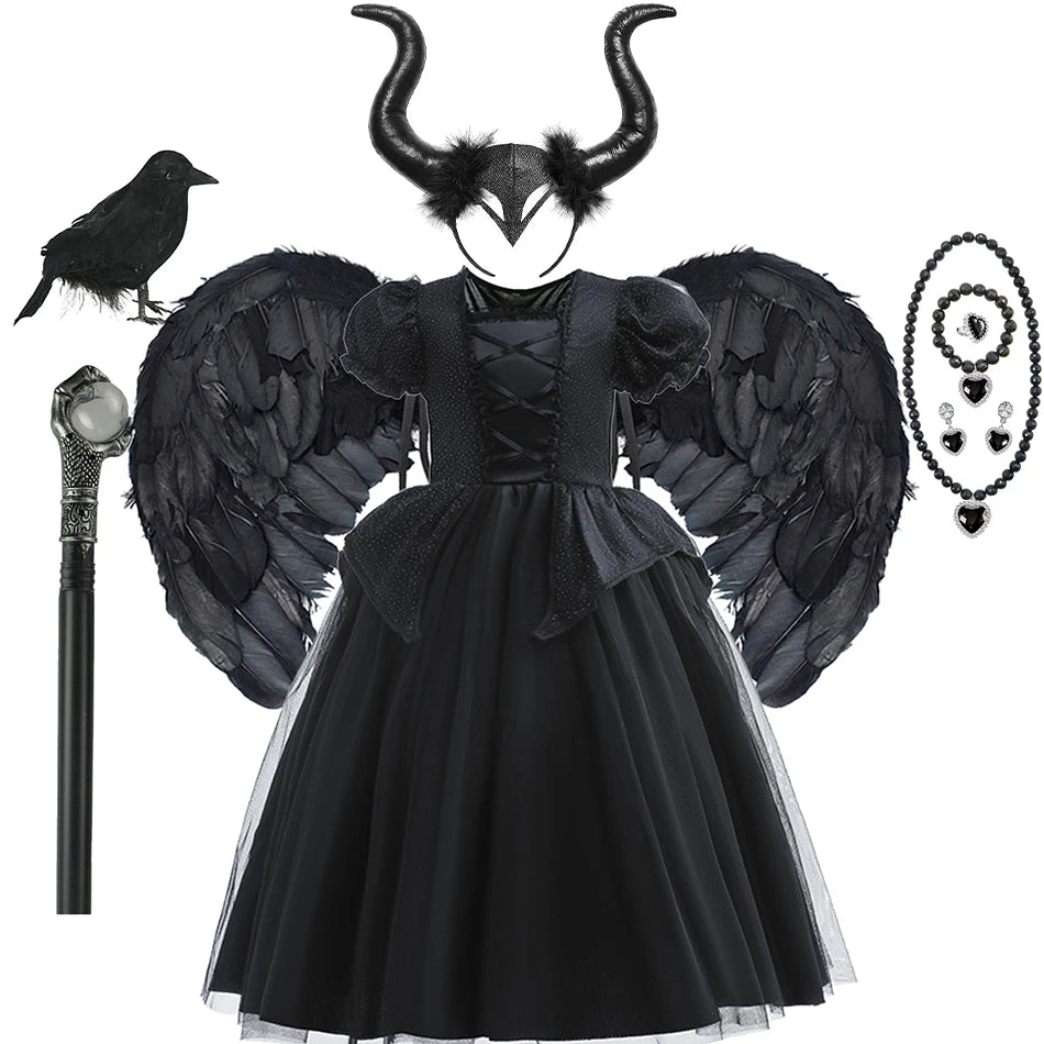 Halloween Costume For Kids Black Witch Dress Luxury Lace Sequin Evil Role Playing Costume Maleficent Dress Up Outfit Ghost Bride