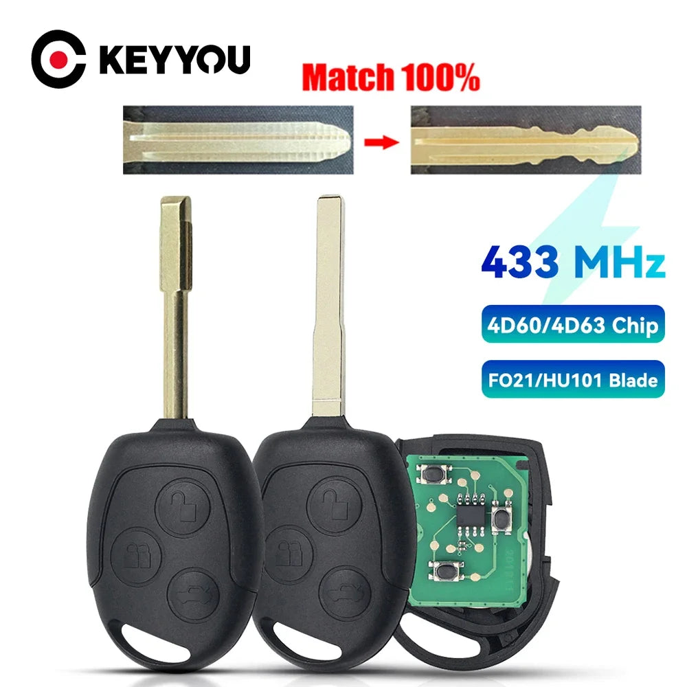 KEYYOU With Cutting Service Remote Car Key For Ford Focus Fiesta Mondeo Fusion Transit KA 2001 2002-2008 433MHz 4D60 4D63 Chip
