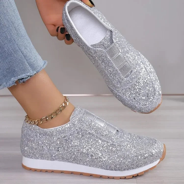 2025 Autumn New Fashion Slip-on Low-heeled Women's Sneakers Gold Silver Trend Sport Shoes Ladies Outdoor Casual Walking Shoes