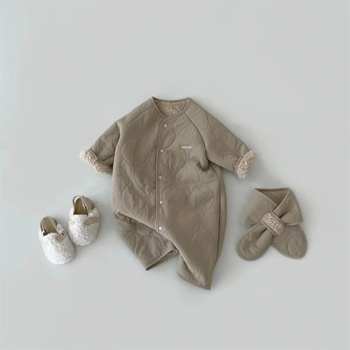2025 Winter New Baby Plus Velvet Thick Warm Romper + Scarf Newborn Infant Boy Girl Long Sleeve Lamb Fleece Warm Jumpsuit 0-24M