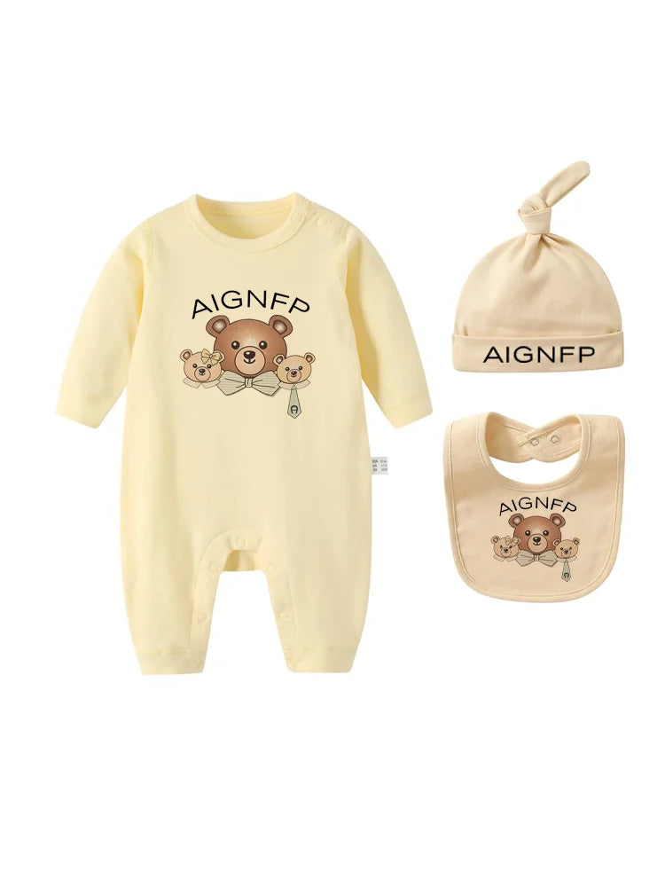 Cute Bow Bear Romper Newborns Clothes Autumn 2025 Hot Sale New Toddler Jumpsuit Hat Bib scarf Set Baby Girls Long sleeves Romper