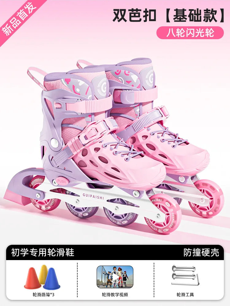 4 Wheels Flashing Inline Skates with Full Protective Gear Set Helmet Knee Pads Elbow Pads Carry Bag Adjustable Size for Boy Girl