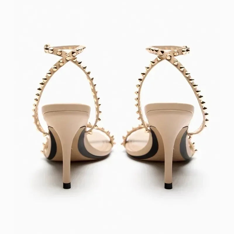 Luxury Designer Rivet Embellished Thin Heeled Sandals Women Summer Sexy Pointed Toe Ankle Strap High Heels Elegant Party Shoes