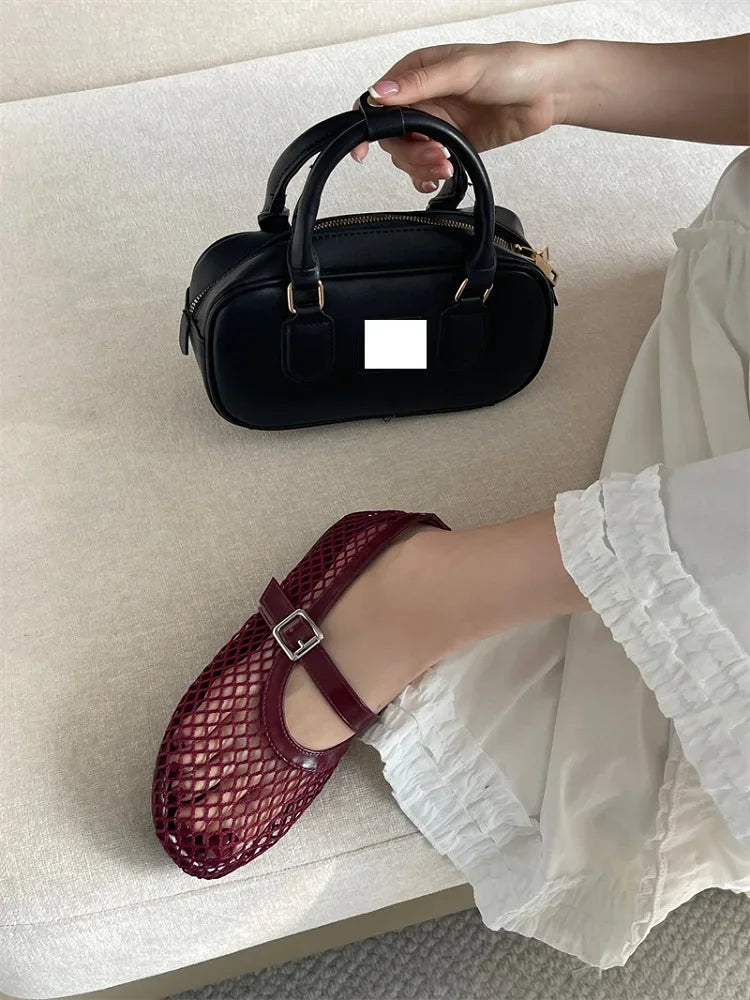 Aneikeh BIG Size 35-43 Jelly Color Fishing Ballet Dance Women's Mesh Buckle Flat Hollow Out Retro Mary Jane Shoes