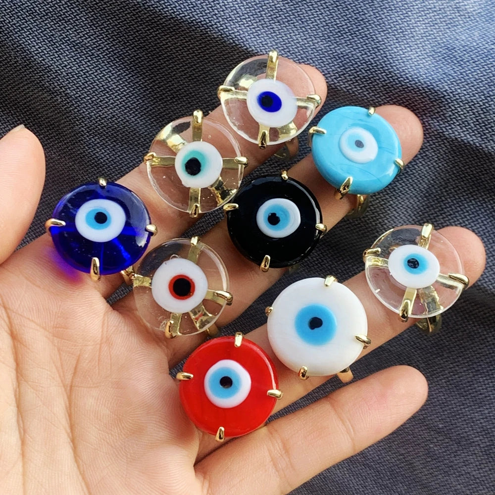 10PCS, Lucky Eye Glass Turkish Evil Eye Ring Adjustable Copper Open Finger Ring for Women Men Fashion Jewelry