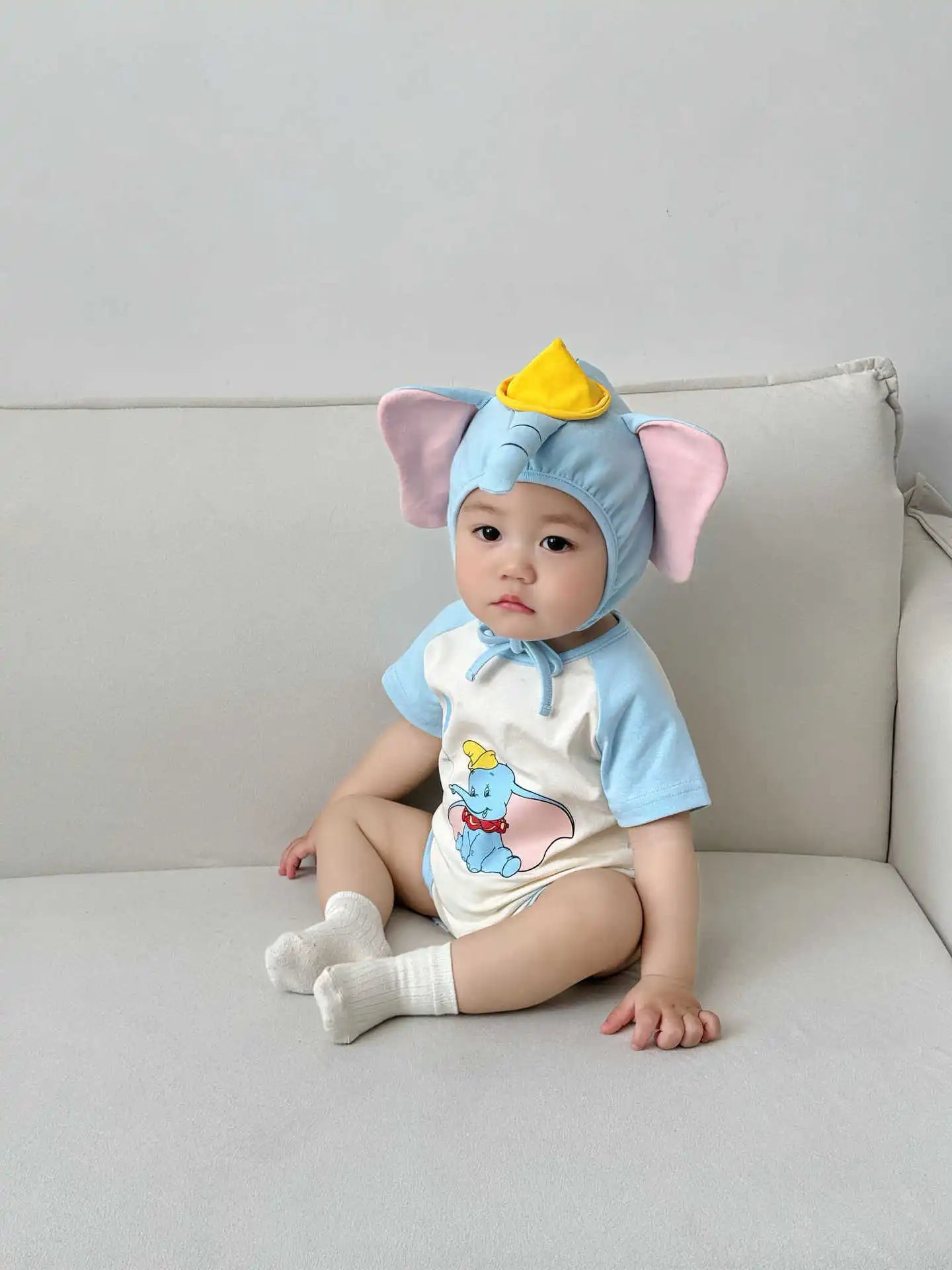 3D Elephant Print Baby Onesie with Hat Set Short Sleeve Romper Bodysuit Outfit Newborn Infant Summer Outfit Cute Animal Costume
