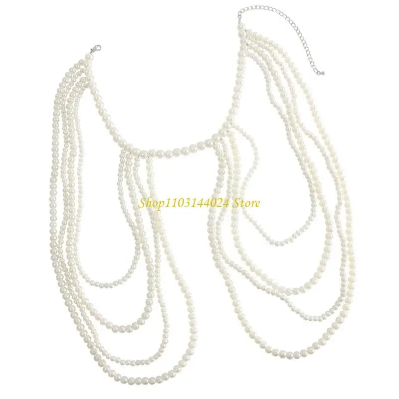 Modern Faux Pearls Body Necklace for Women Adjustable Strap Shoulder Chain Great for Celebrations and Day to Day Fashion