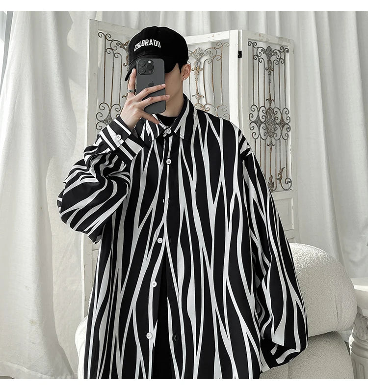 Men's Long Sleeve Striped Shirts Spring New Korean Button Up Shirt Unisex Fashion Casual Oversize Blouse Printed Clothing