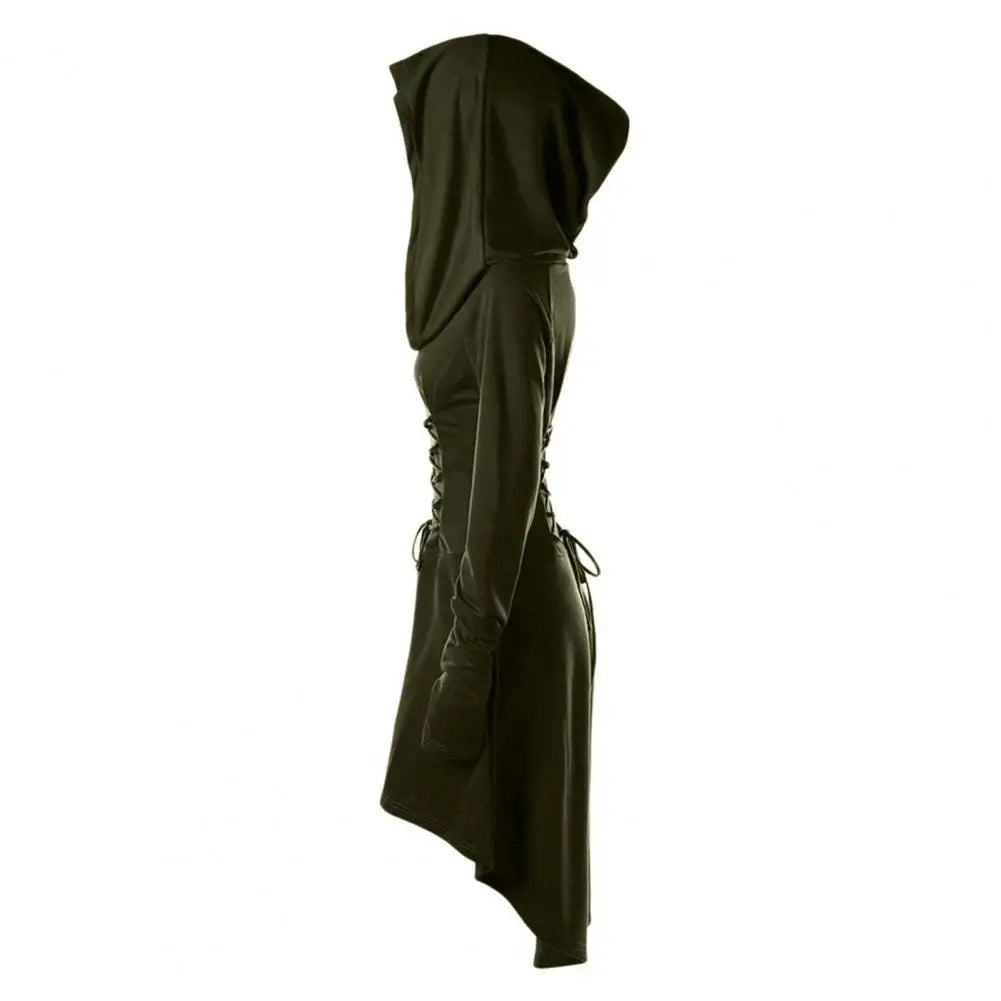 Women Milk Silk Dress Hooded Long Sleeves Lace-up Strap Slim Waist Irregular Hem Women Midi Dress Festival Party Halloween Dress