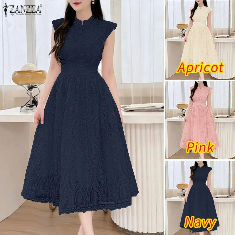 ZANZEA Elegant Women's Wedding Guest Party Midi Dress Embroidered Mesh Patchwork Stand Collar Cap Sleeve Dresses Woman Clothes