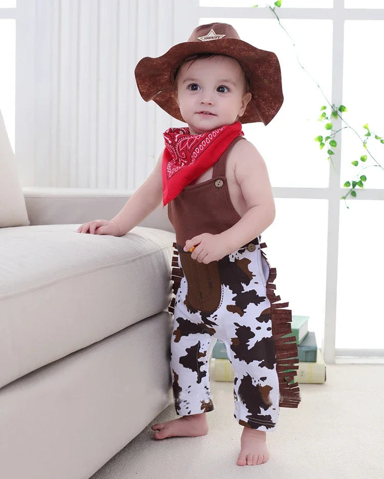 Baby Boys Western Cowboy Romper Sets with Scarf and Hat Toddler Carnival Fancy Dress Cosplay Party Costume Infant Outfitts