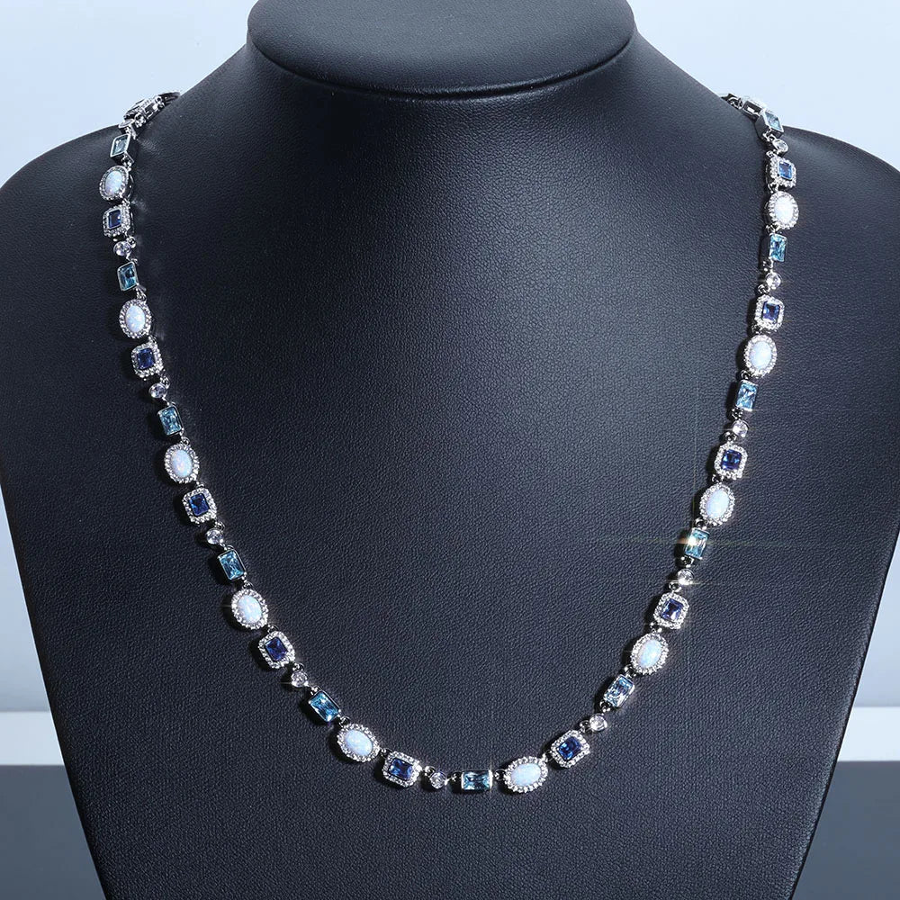 ESKEEM 6mm Geometric Gemstone Motif Iced Out Blue Chain Multicolor CZ Stones White Gold Plated Diamond Necklace Hip Hop Jewelry