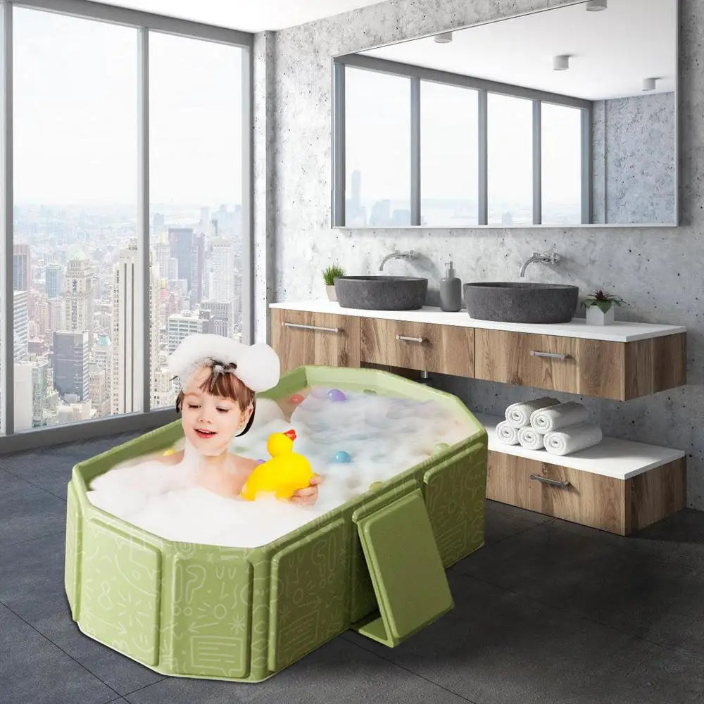 Foldable Bathtub for Kids Toddler Bath Tub with Drain Plug Foldable Baby Shower Tub with 5 Balls and 2 Ducks Green White