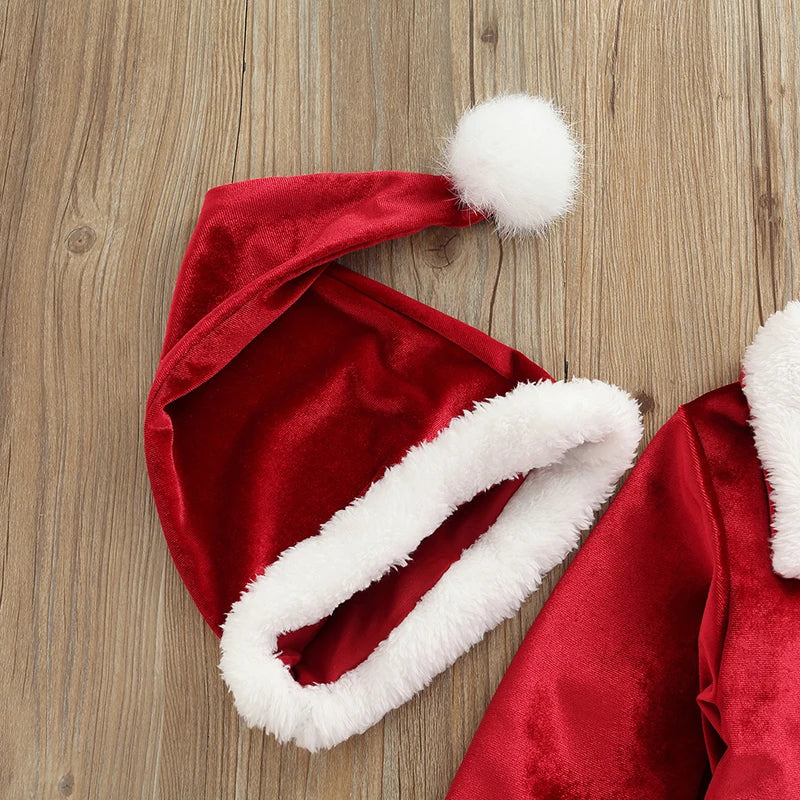 Toddler Baby Boys Girls Santa Costume Velvet Long Sleeve Christmas Jacket + Long Pants +Xmas Hat 3pcs Sets