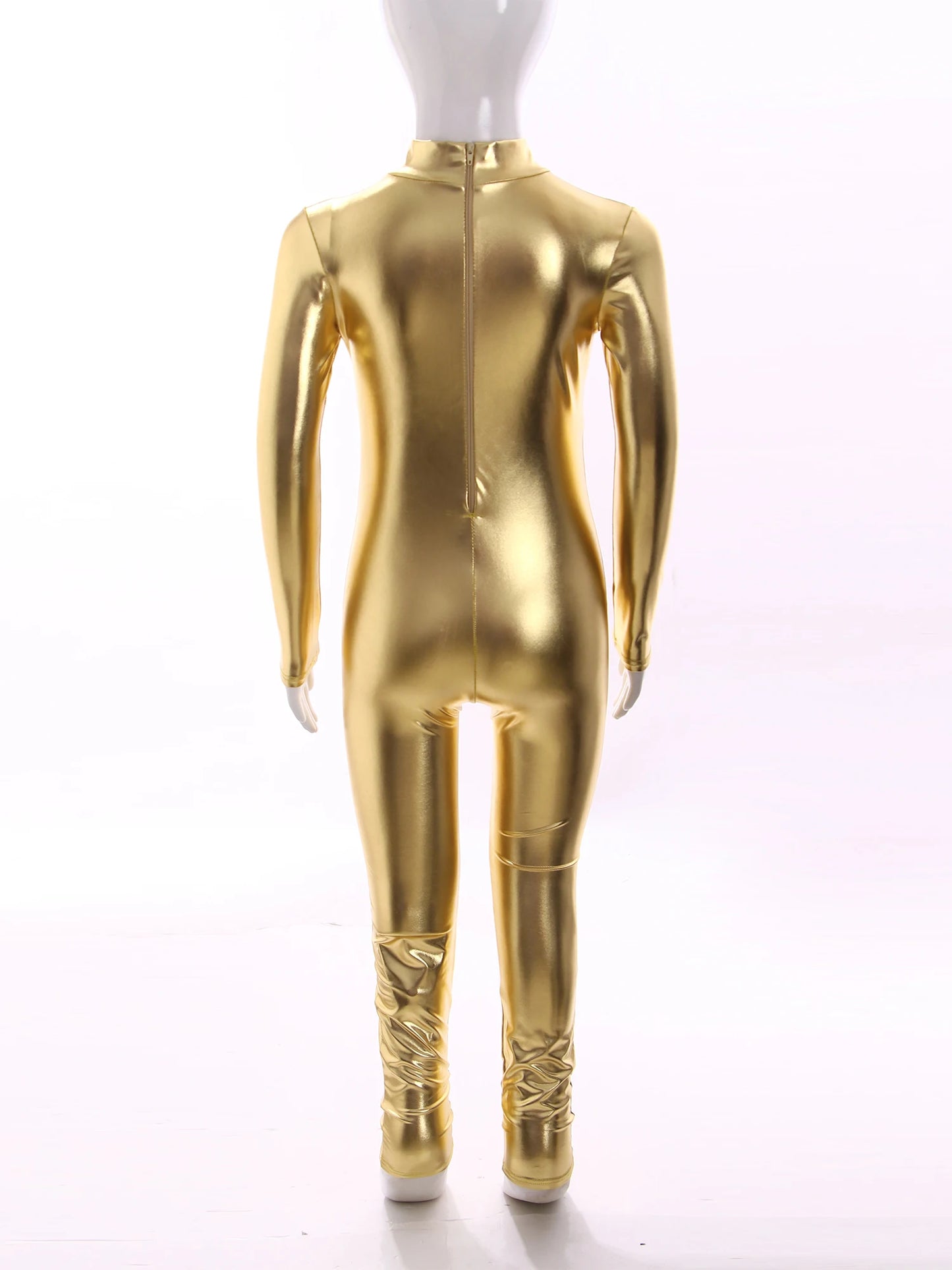 Kids Boys Girls Dance Metallic Jumpsuit Children's Gymnastics Bodysuit Performance Costume Long Sleeve Full Length Leotard