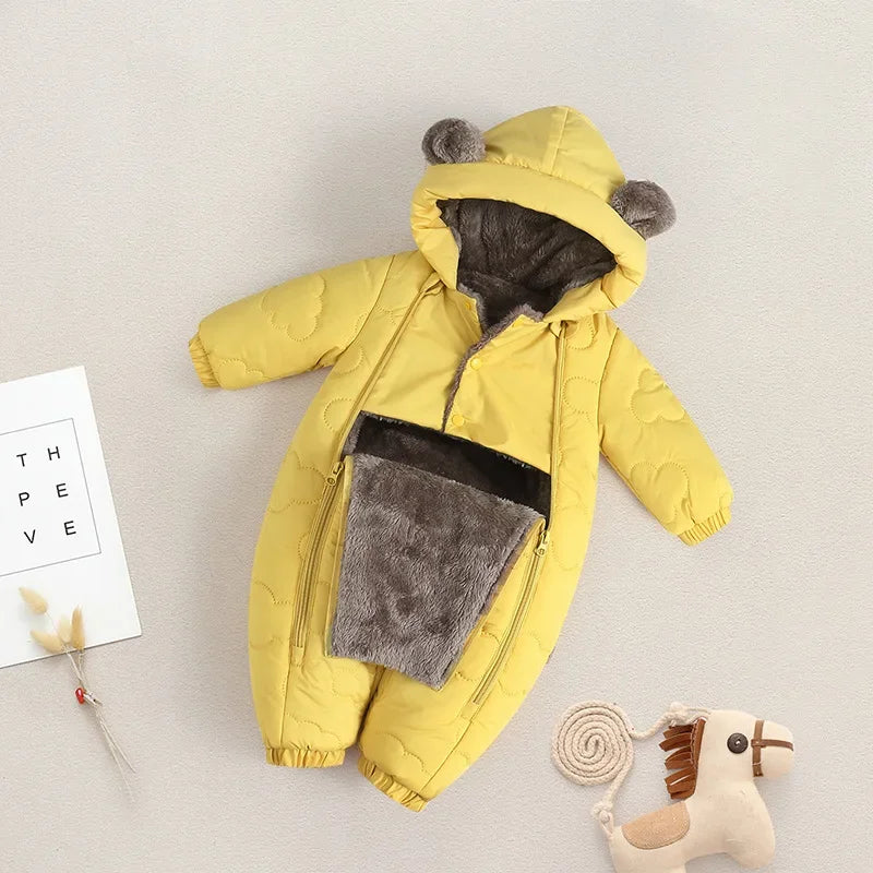 Toddler Baby Girl Boy Jumpsuit Thickened Fleece Lined Double-Layer Hooded Romper 0-2Y Cute Bear Ears Winter Warm Kids Snowsuit
