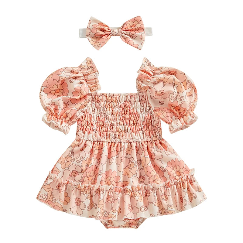 Summer Infant Baby Clothing Girls Rompers Dress Fruit/Flower Print Ruched Short Sleeve Jumpsuit Hairband For Newborn Clothes