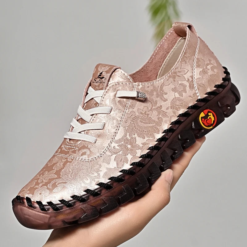 Print Fashion Sneakers Women Hand-stitching Leather Casual Shoes Design Platform Loafers Breathable Flats Shoe Driving Plus Size