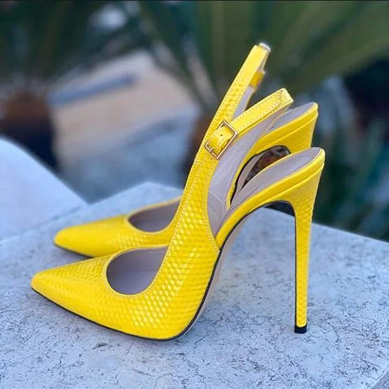 Yellow Snakeskin Slingback Pumps Pointy Toe Shallow Stiletto Heels Dress Shoes Cut-out Heels Women Shoes 12Cm 10Cm 8Cm