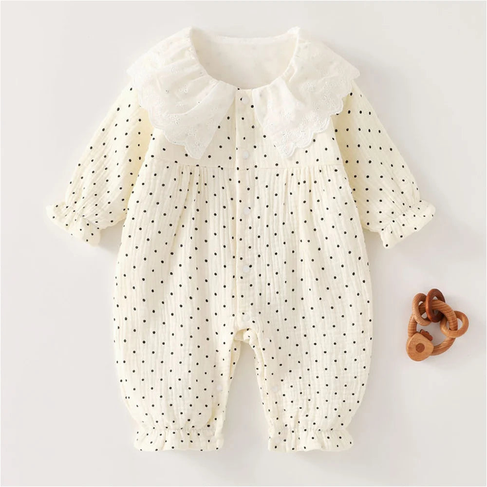 Gauze Baby Rompers Girls Floral Dot Print Peter Pan Collar Newborn Clothing Spring Autumn Infant Girl Long Sleeve Jumpsuit