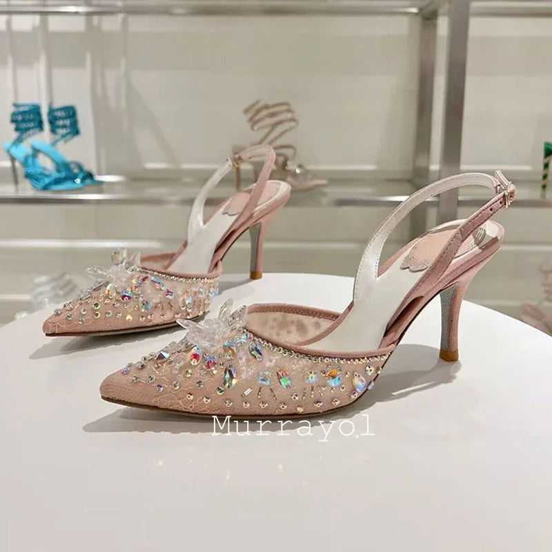 Pointed Toe Lace Gauze Thin High Heels Sandals Women Shine Rhinestone Decor Sandalias Summer Party Dress Wedding Shoes Pumps