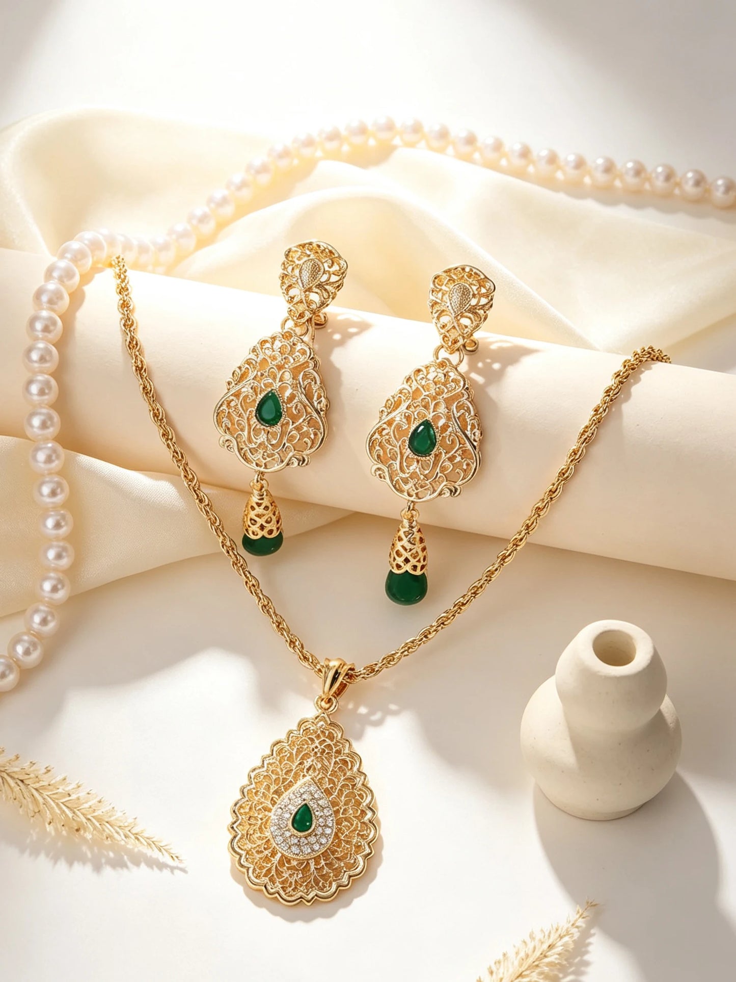 Moroccan Gold Jewelry Set Filigree Pendant Necklace Earrings Brooch For Women Arabic Wedding Party Zinc Alloy Ornament Gift
