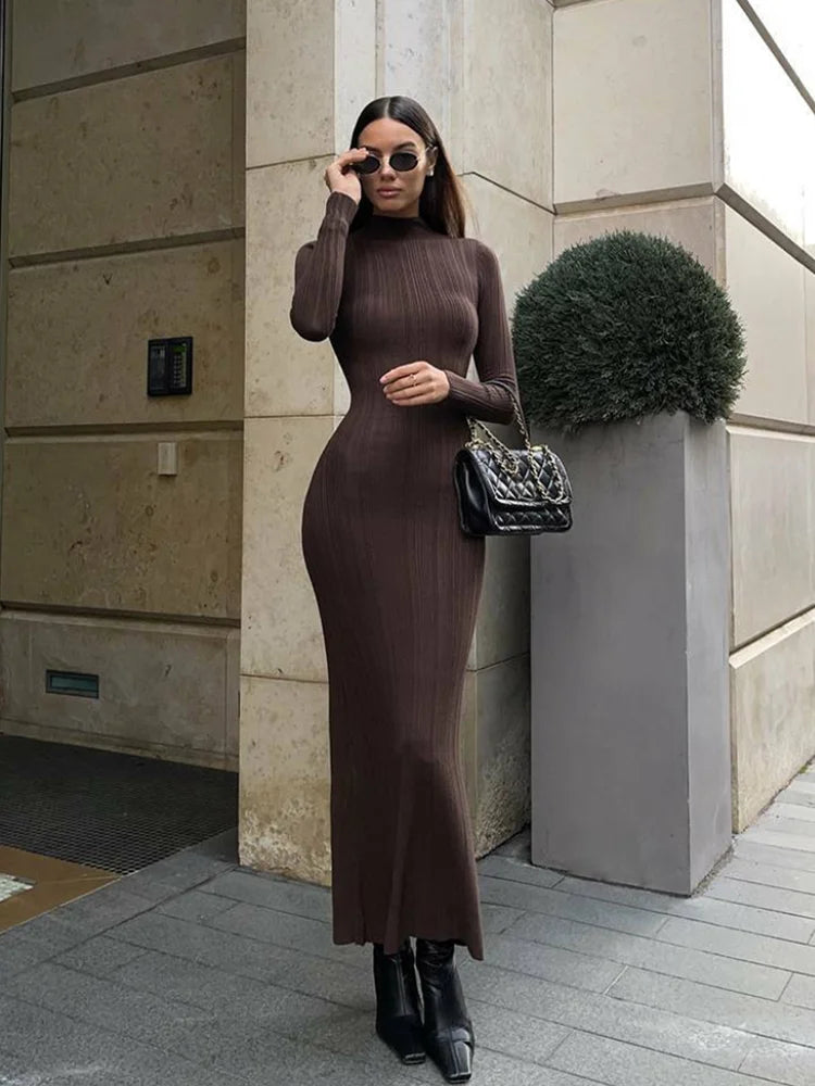 Turtleneck Knitted Women Dresses Sexy Solid High Waist Hip Package Lady Dress Elegant Long Sleeve Slim Female Vestidos