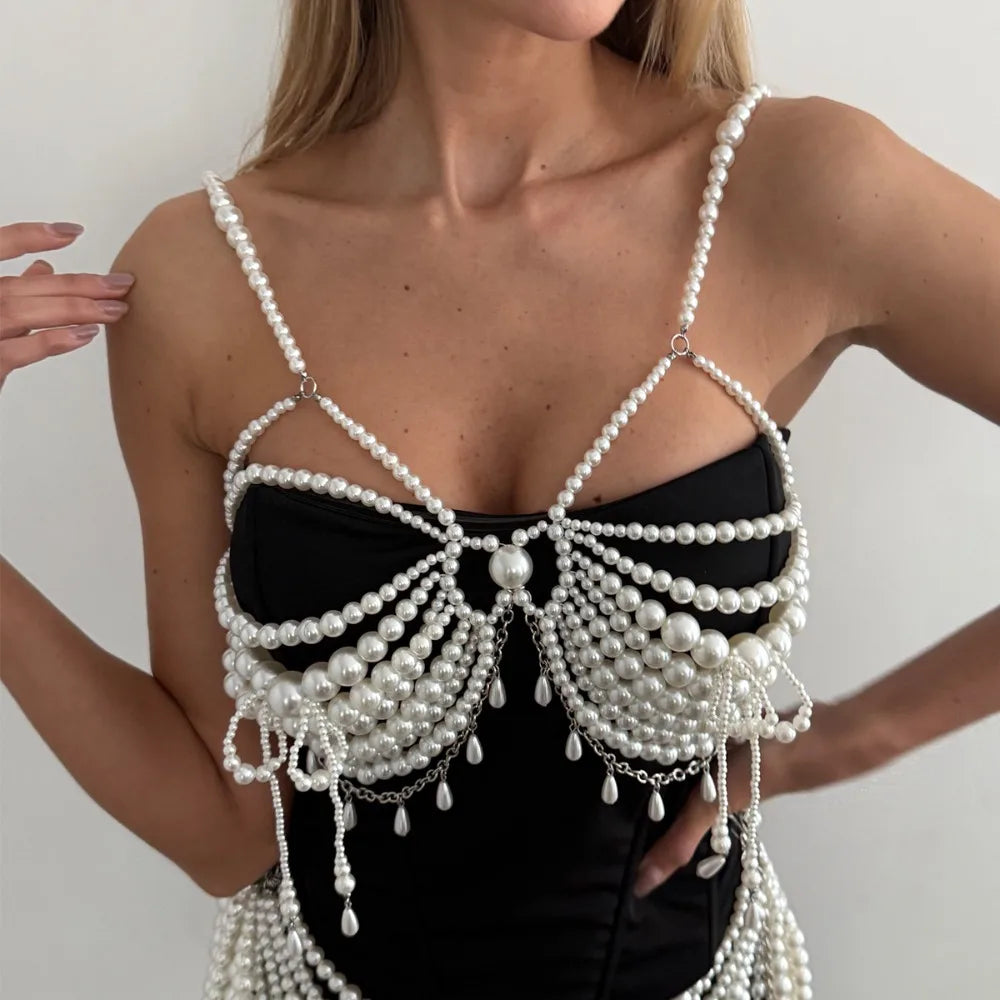 Sexy Exaggerated Imitation Pearl Beaded Tassels Bikini Chest Chain Waist Chain Women's Fashion Show Beaded Necklace Body Jewelry