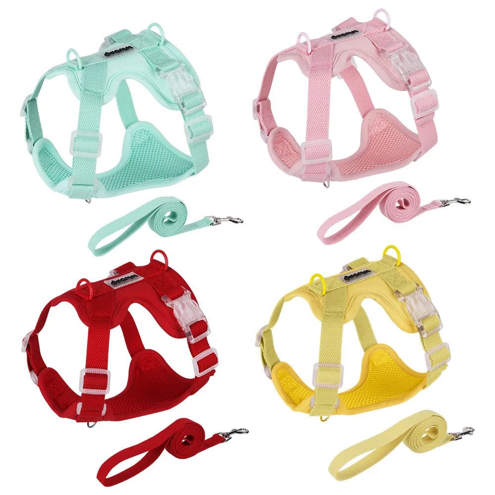 Pastel Dog Harness Leash Set- Soft Macaron Color No-Pull Vest for Small Medium Dogs - Cute Adjustable Pet Leash Set