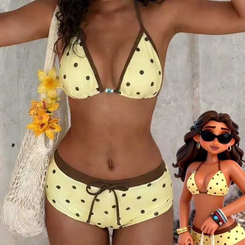 2026 New Beach Bathing Suit Women Polka Dot Halter Lace Up Swimsuits Bowknot Bikinis Swimsuits Print Beachwear Summer Swimwear