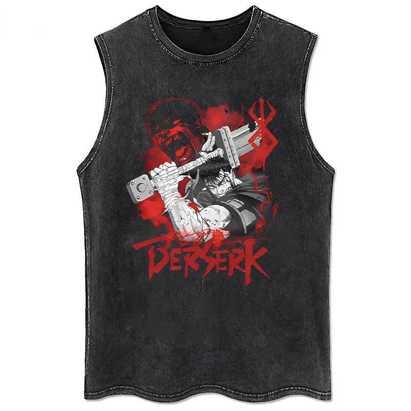 Berserk Logo Graphic Tank Top Manga Print Vest Men Women Sleeveless Shirt Vintage Washed Oversized 100% Cotton Gym Clothing