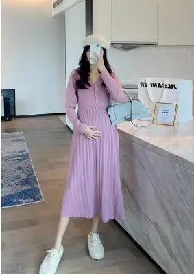Autumn and Winter Maternity Clothing Long Sleeve V-Neck High Waist Button Fly Pregnancy Knitting Dresses Women Sweaters Knitwear