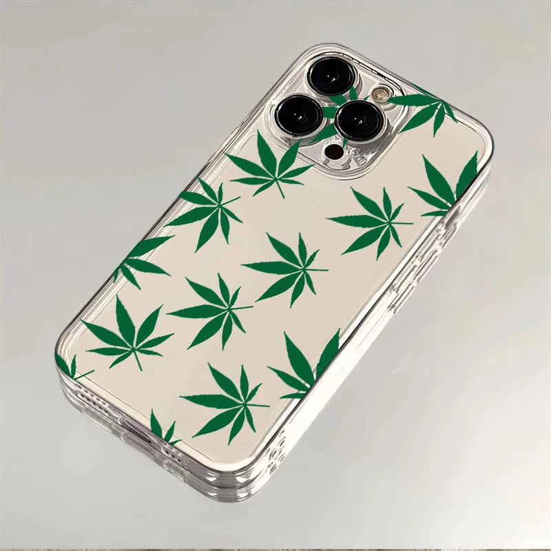 Green Leaf Pattern Phone Case for iPhone 17 Air 16 15 14 11 Pro Max Plus 13 12 Mini X 8 7 Soft TPU Back Cover Coque