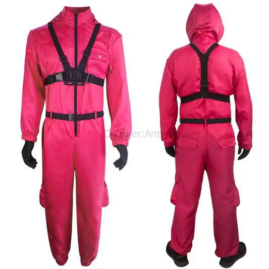 Halloween Cosplay Outfit TV Game Adult Kids Pink Red Jumpsuit Costume Set with Gloves Suspenders Role Play Party Wear for Boys