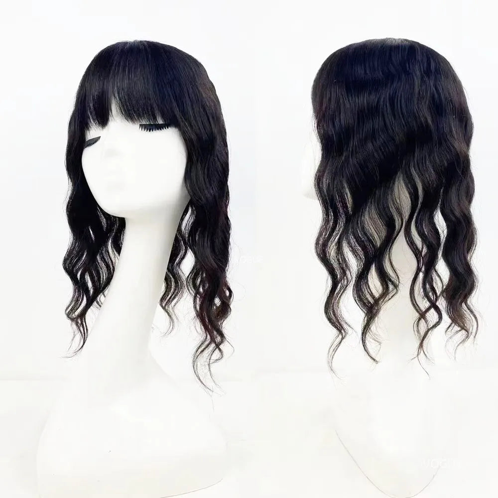 15x16cm Virgin European Human Hair Topper Hair Piece Clips in Loose Wave Silk Top Base Topper with Bangs for Thinning Hair Women