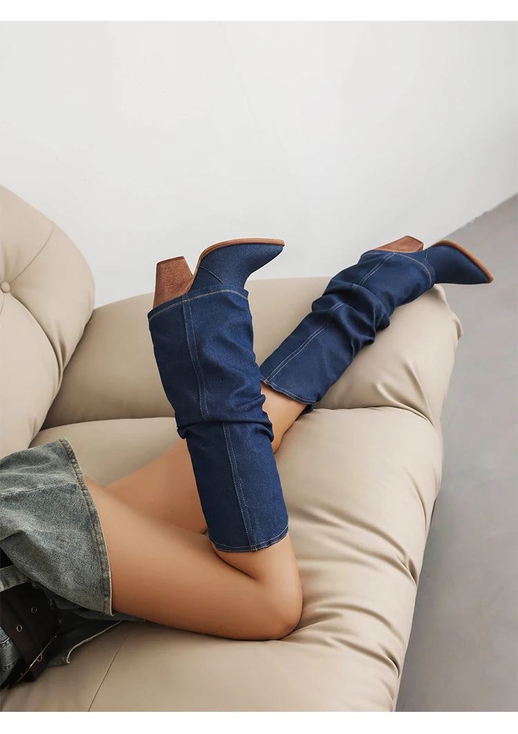 Turned-Over Edge Denim Fashion Sleeve For Women's Knee High Boots Super High Wood Grain Tapered Thick Heel New Winter Boots