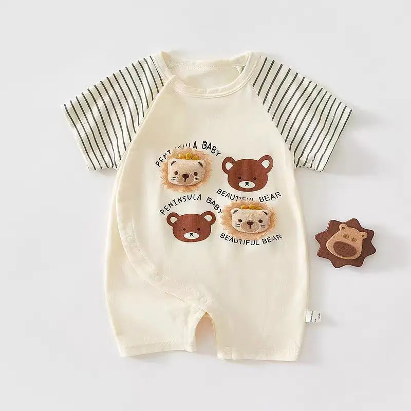 Gender-Neutral Baby Summer Lightweight 3D Lion Head Romper Cute Toddler Striped Short-Sleeve Cozy Outdoor Onesie