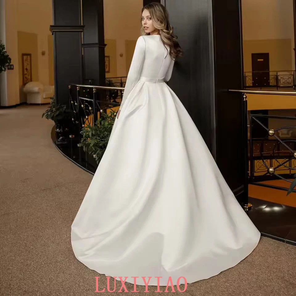 Elegant Satin Wedding Dresses Long Sleeves Modest Bride Dress Muslim Button White A Line Women Bridal Dress Customized