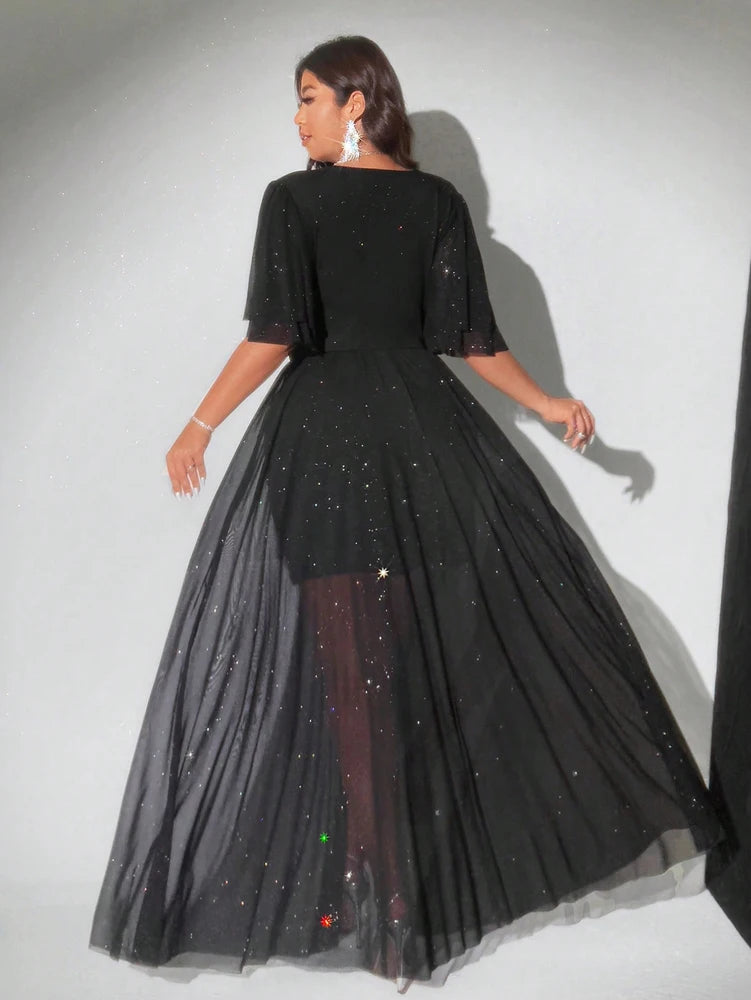 plus Size Sexy Sparkling Short Sleeve Deep V Neck Party Dress Elegant Loose Evening Gown for Women Romantic Resort Wear