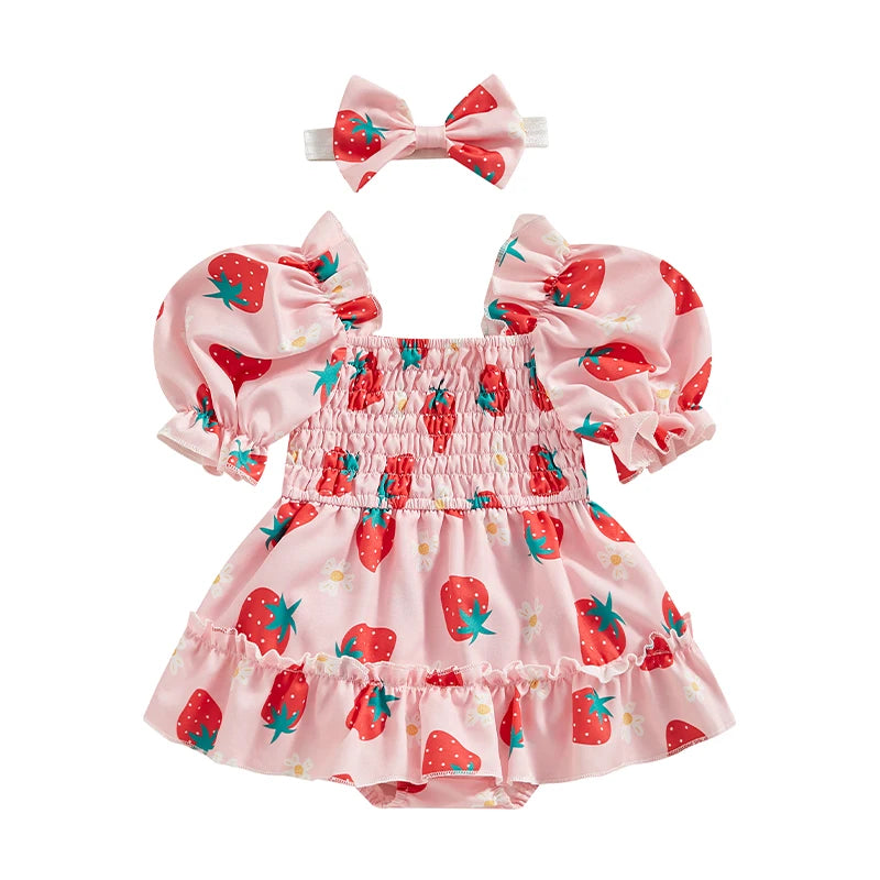 Summer Infant Baby Clothing Girls Rompers Dress Fruit/Flower Print Ruched Short Sleeve Jumpsuit Hairband For Newborn Clothes
