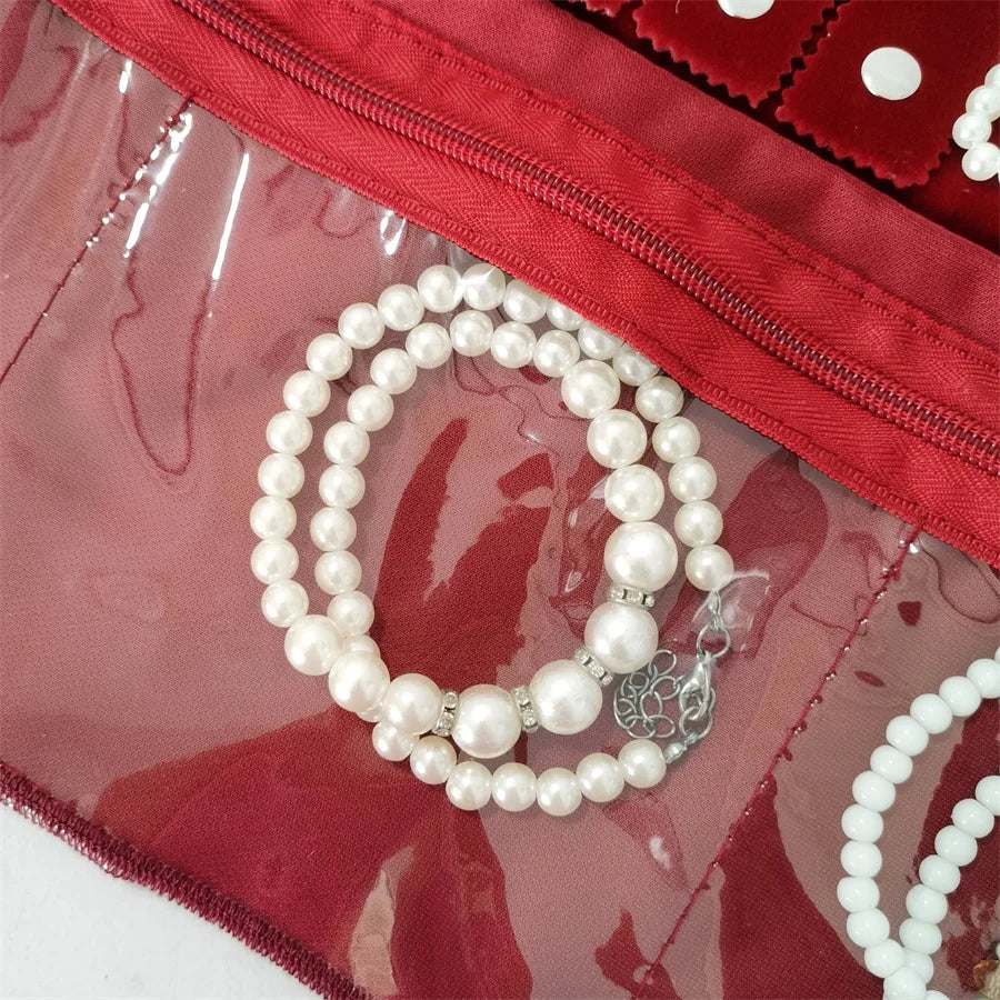 Burgundy Velvet Jewelry Roll Bag Portable Foldable for Necklace Earrings Ring Travel Exhibitions Organizer Storage Bag