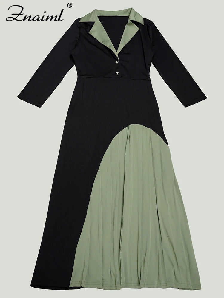Znaiml Autumn Women's Patchwork Green Button Lapel V-neck A-line Long Sleeve Office Lady Dress Elegant Birthday Party Prom Gowns