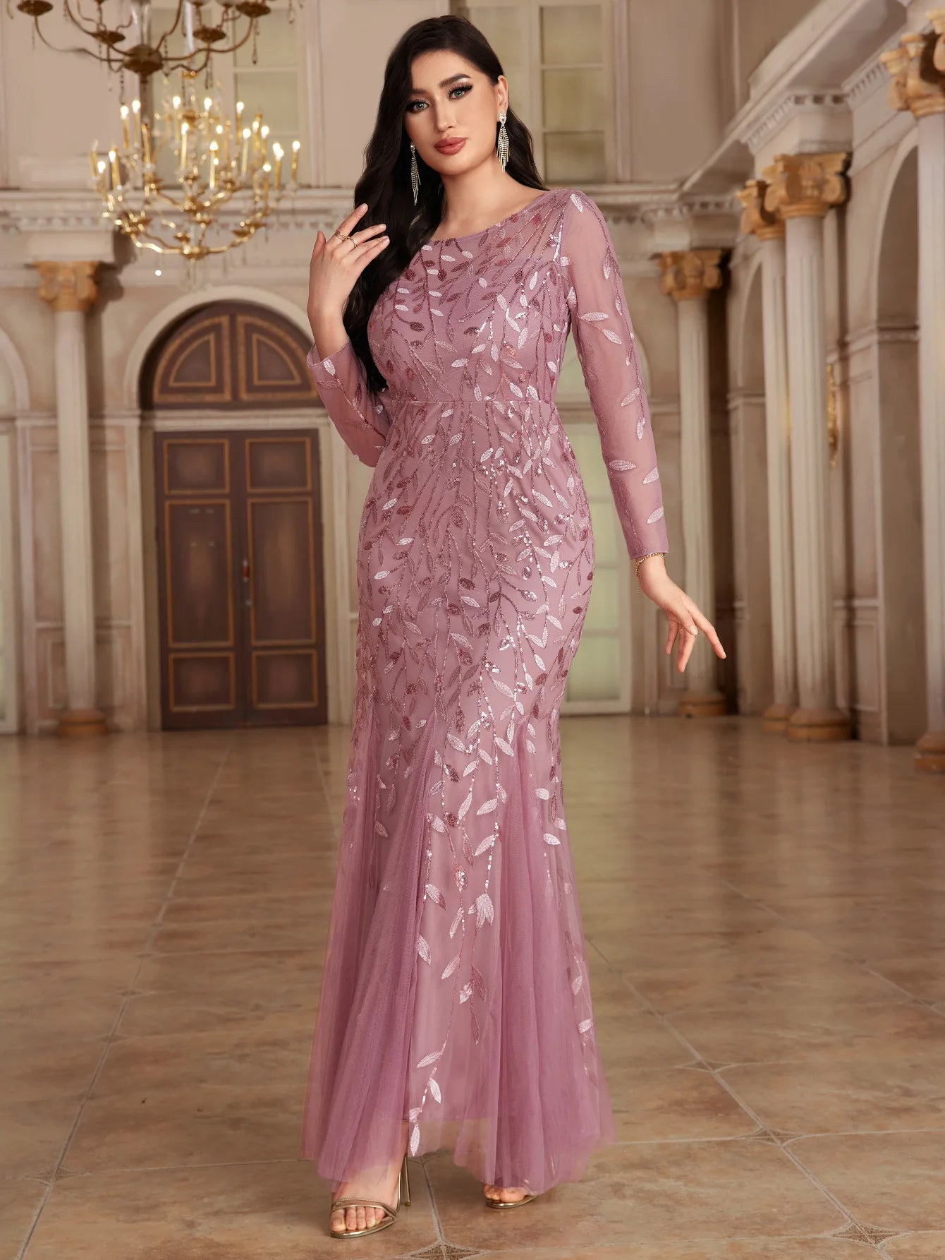 Elegant Round Neck Sequined Mermaid Long Formal Evening Dress With Long Sleeves