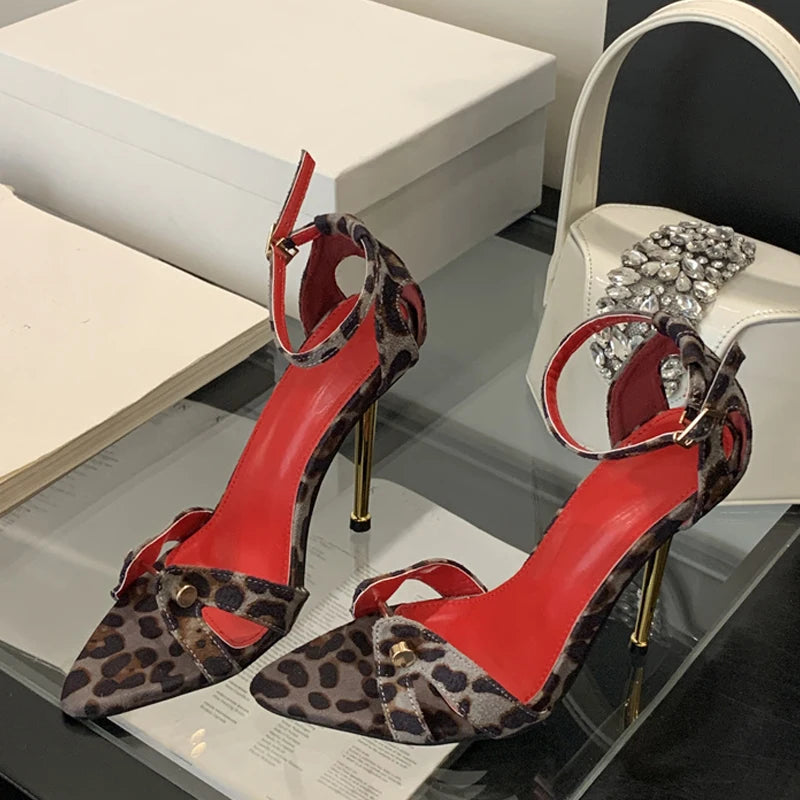 Liyke Leopard Print Ankle Strap Stilettos Sandals Women Party Dress Shoes Metal Narrow Band Pointed Toe Stripper Heels Size 41