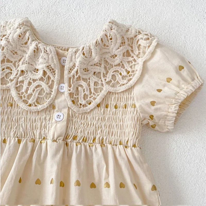 Summer new baby clothes for 0-3 years old, baby and girl big lace lapel love print short-sleeved jumpsuit