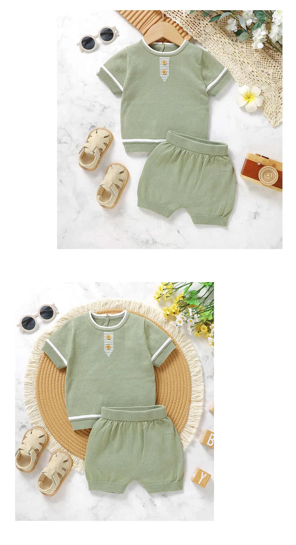 Summer Solid Short Sleeve T-Shirts+Shorts 2PCS Outfits for Newborn Boys Cotton Clothes Sets 0-18m Infant Knit Tracksuits Costume