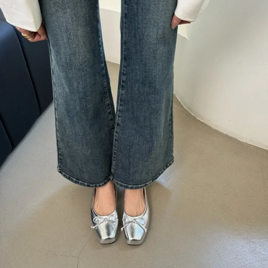 Gentle Fairy Style Flat Bottom Single Shoes Women's Spring 2025 New Butterfly Knot Square Head Silver Color Bean Shoes