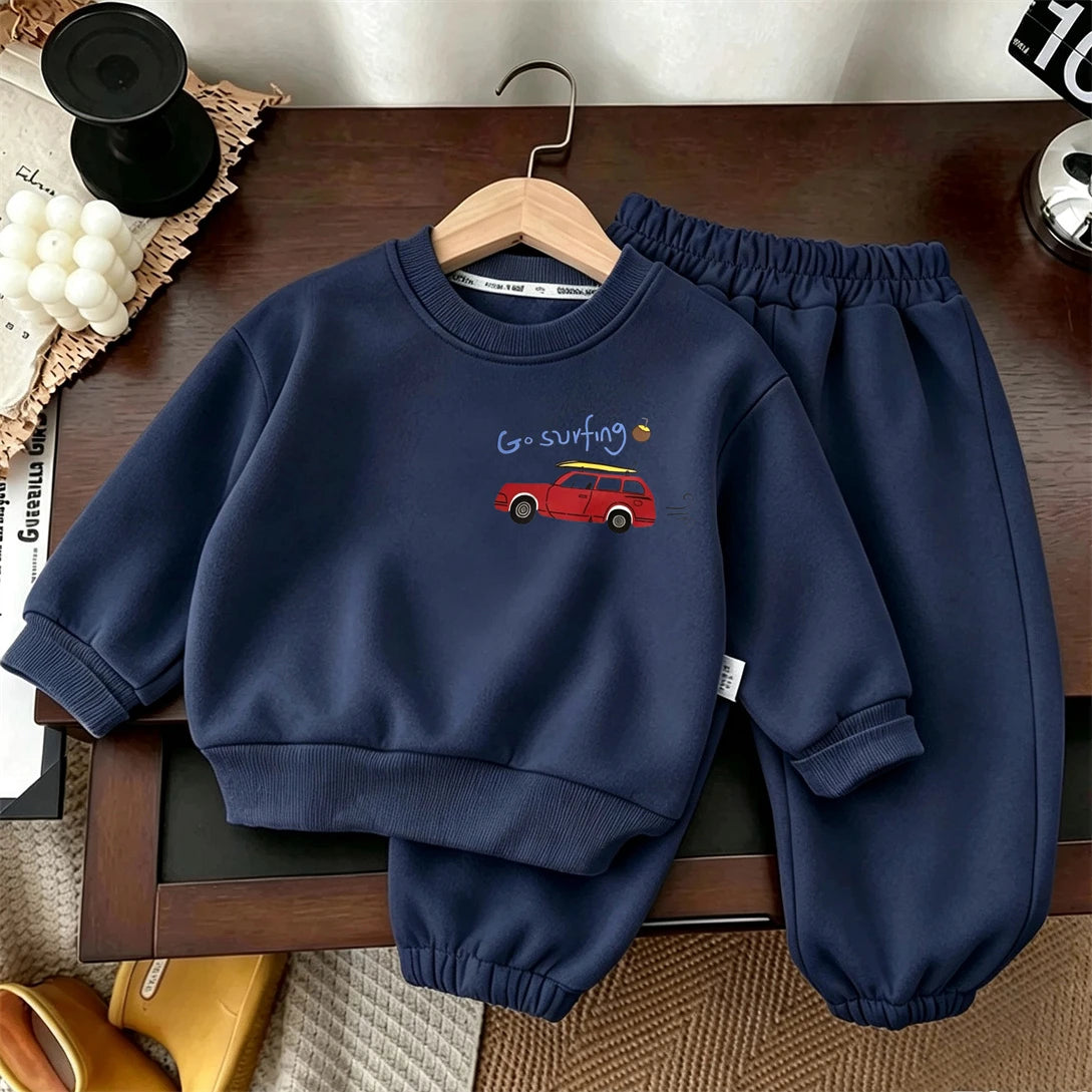 Autumn Costume Long-sleeved Outfits Kids Round Neck Sweatshirts Solid Color Pants 2pcs Toddler New Printed Hoodie Trousers