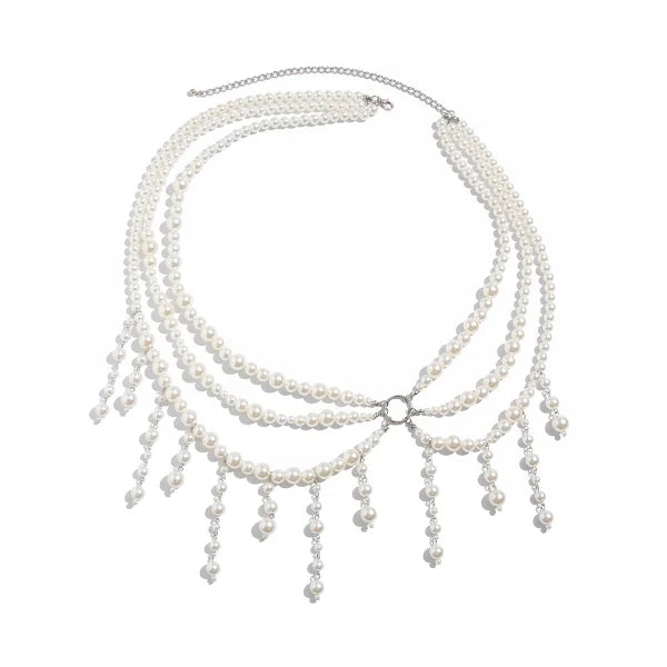 Fashionable Multi-Layer Pearl Tassel Waist Chain for Women Elegant Floral Body Chain Summer Holiday Accessory Gentle Style