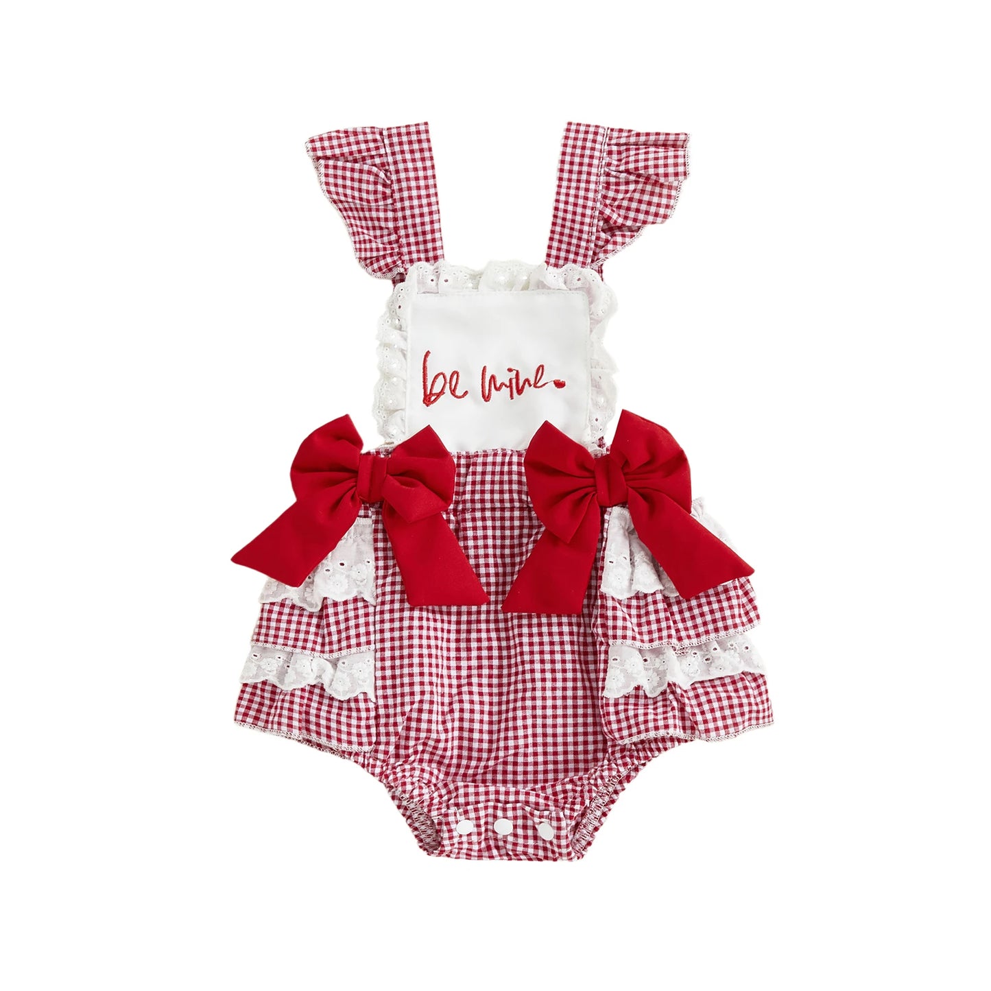 0-18M Valentine's Day Infant Baby Girls Rompers Sleeveless Square Collar Lace Ruffled Letter Embroidery Bow Jumpsuit
